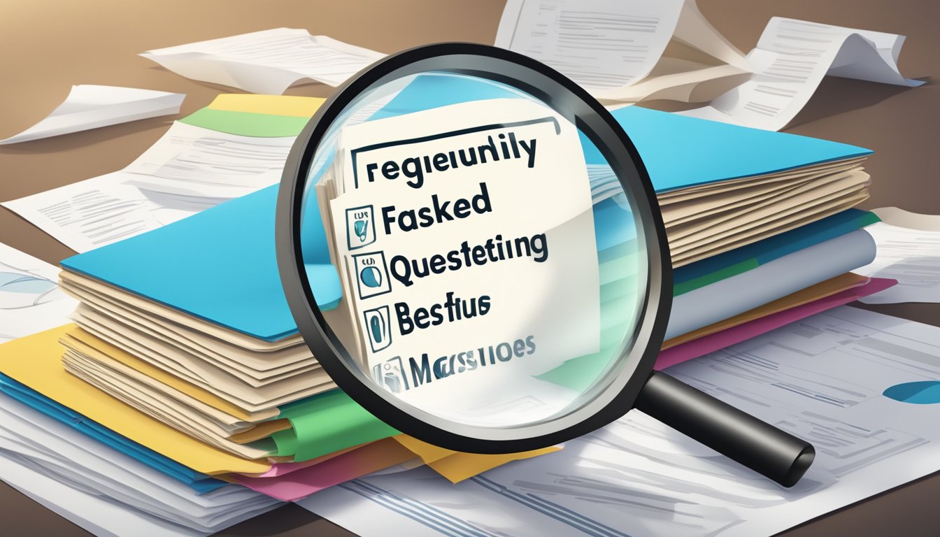 A stack of papers with "Frequently Asked Questions 200 Bedeutung" printed on top, surrounded by question marks and a magnifying glass