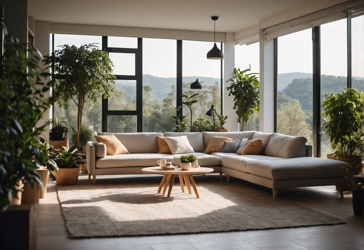 A modern, eco-friendly living room with sustainable furniture and energy-efficient appliances, surrounded by indoor plants and natural light