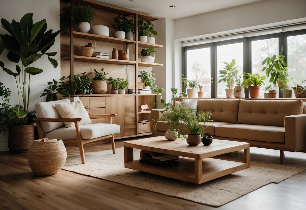 A modern living room with sustainable materials, natural light, and indoor plants. Minimalist furniture with clean lines and earthy tones. Energy-efficient lighting and recycled decor