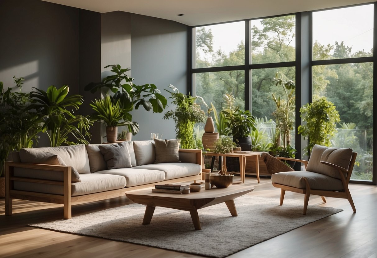 A modern living room with eco-friendly furniture, plants, and natural materials. Sustainable design elements like recycled wood and energy-efficient lighting