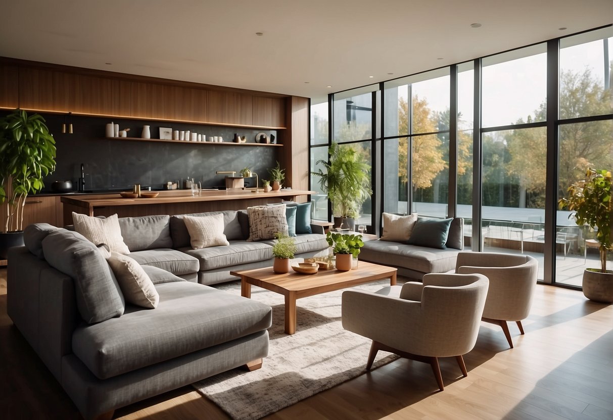 A modern living room with energy-efficient lighting, sustainable furniture, and eco-friendly decor