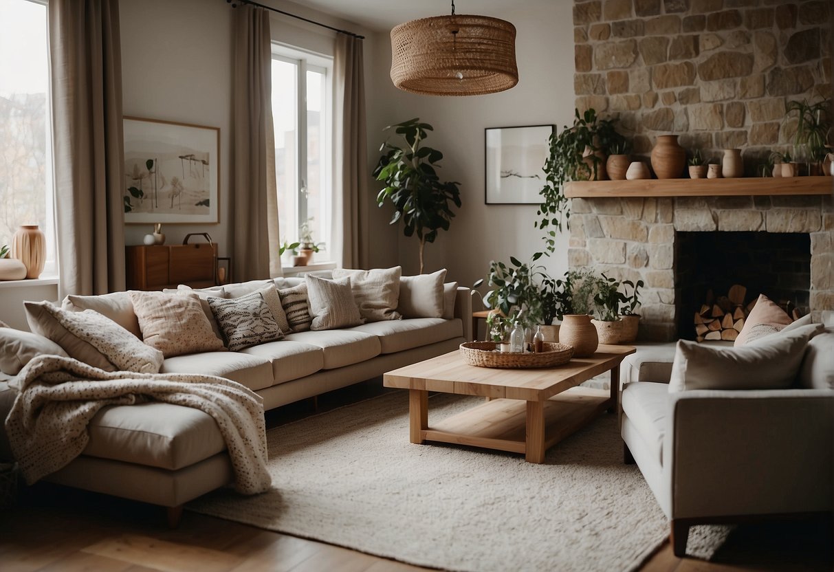 A cozy living room with sustainable textiles and patterns, featuring earthy tones and natural materials