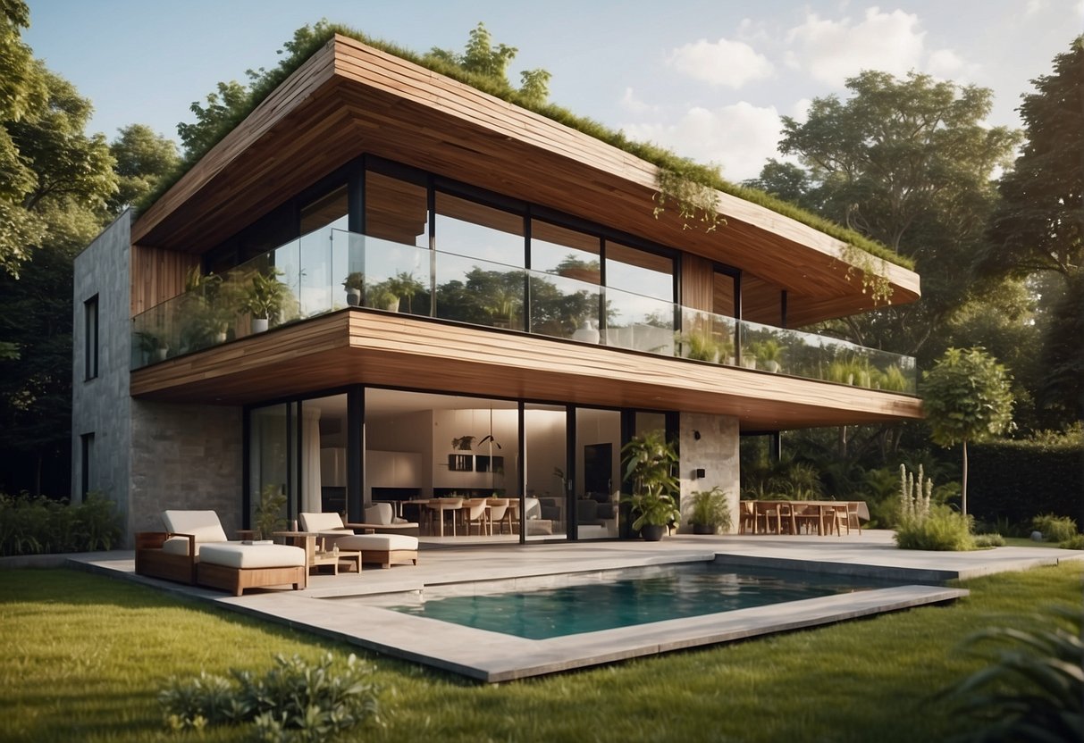 A modern, eco-friendly home with sustainable materials and innovative design elements, surrounded by lush greenery and renewable energy sources