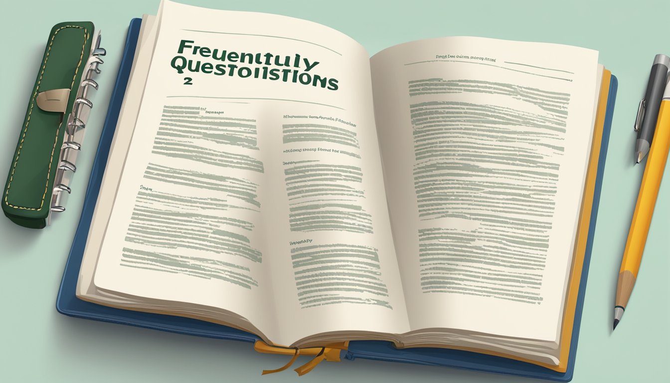 An open book with the title "Frequently Asked Questions 226 Bedeutung" displayed prominently on the page