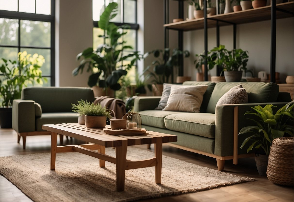 A modern living room with eco-friendly furniture, natural materials, and plenty of greenery. The color scheme is earthy and warm, with lots of natural light streaming in