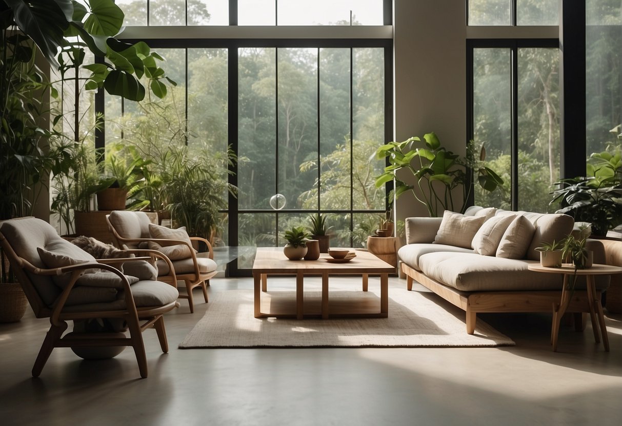 A serene interior with natural materials, soft earthy tones, and minimalistic furniture creates a sense of balance and harmony. The space is filled with natural light and greenery, promoting a feeling of tranquility and sustainability