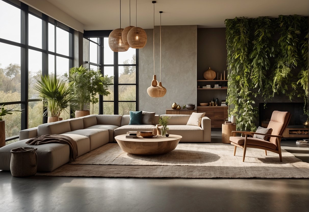 A modern, sustainable living space with earthy tones and minimalist design elements. Incorporating natural materials and greenery, reflecting the 2024 color and shape trends