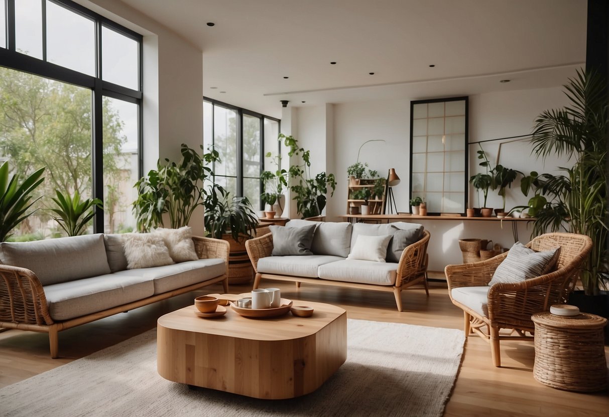 A modern living room with eco-friendly furniture, indoor plants, and natural light. Sustainable materials like bamboo and recycled wood are used throughout the space