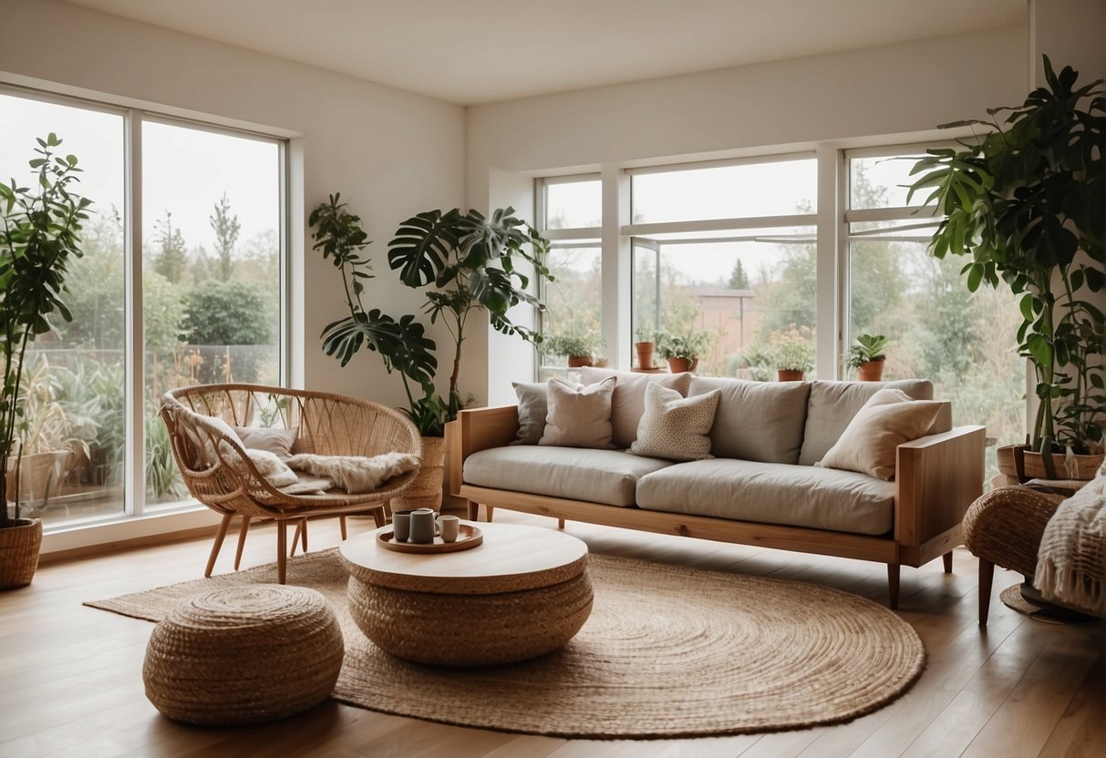 A modern, eco-friendly living room with sustainable furniture and decor, incorporating natural materials and neutral colors. A large window allows natural light to fill the space, showcasing indoor plants and a cozy seating area