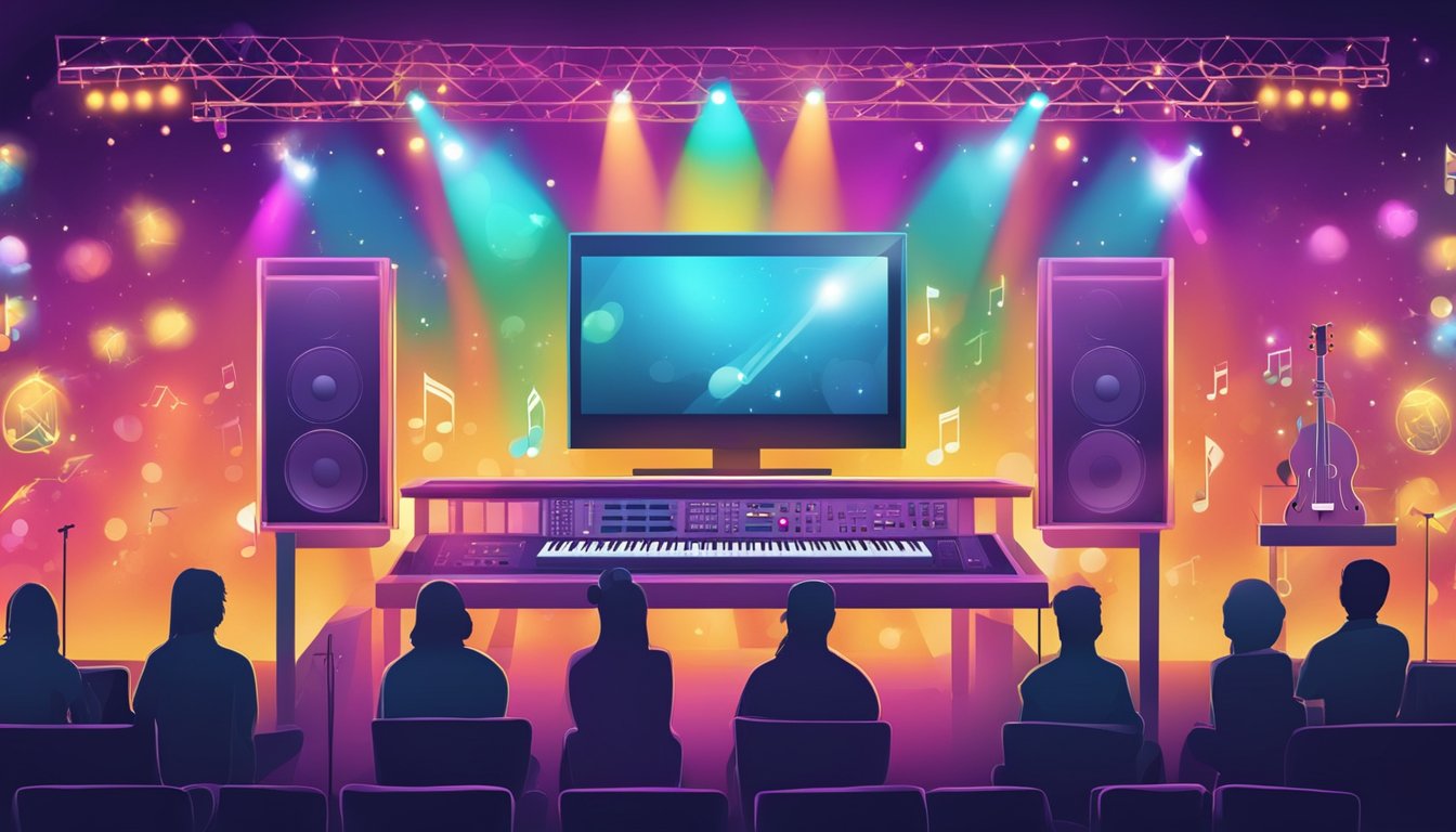 A vibrant concert stage with musical instruments and a computer screen displaying popular internet icons and symbols