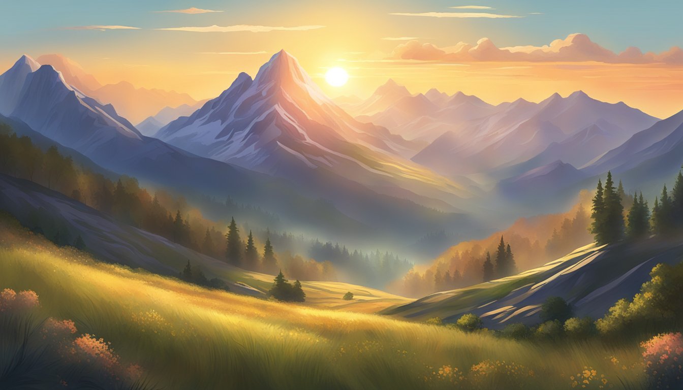 A serene mountain peak overlooks a vast, tranquil valley, with the sun casting a warm glow over the landscape