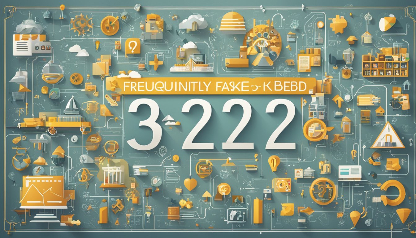 A large sign with "Frequently Asked Questions 324 Bedeutung" displayed prominently, surrounded by various symbols and icons representing different topics