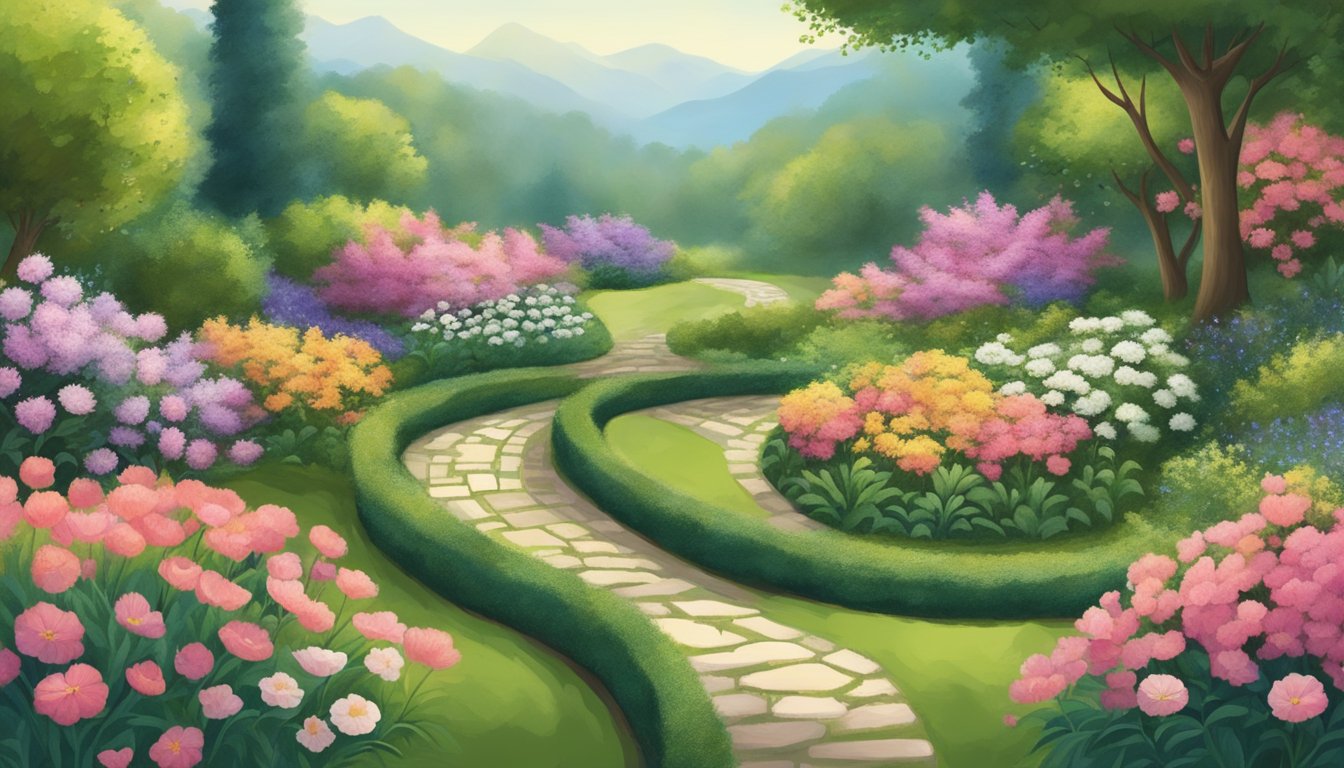 A serene garden with blooming flowers and a winding path symbolizing spiritual growth and personal development