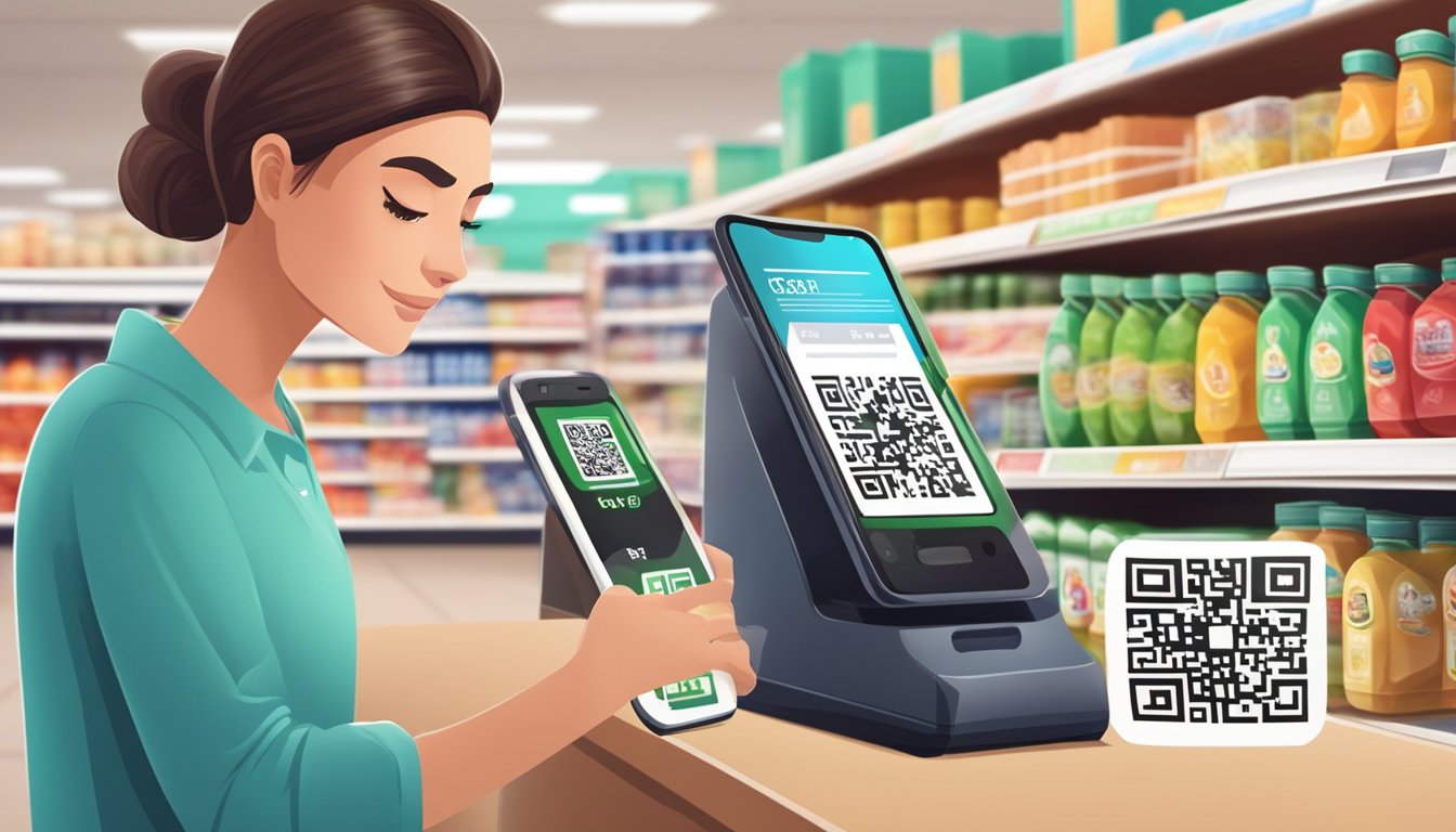 A person using a smartphone to scan a QR code on a product in a grocery store