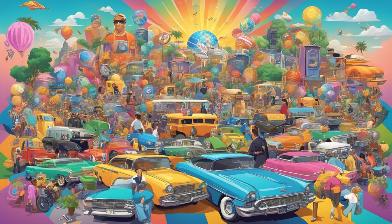 A vibrant scene of various pop culture icons and symbols, representing the diverse meaning and significance of "500" in popular culture