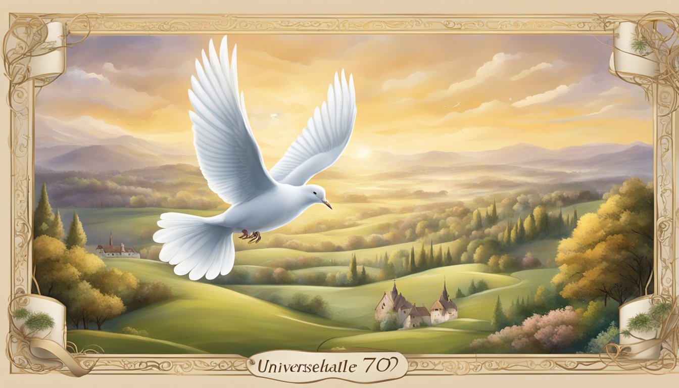 A dove carrying a scroll with the words "Universelle Botschaften 7070 Bedeutung" written in elegant script, flying over a serene landscape