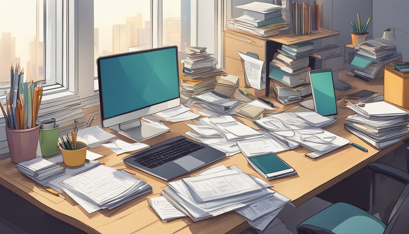 A cluttered desk with scattered papers, a computer, and various office supplies.</p><p>The room is illuminated by natural light coming in through a window