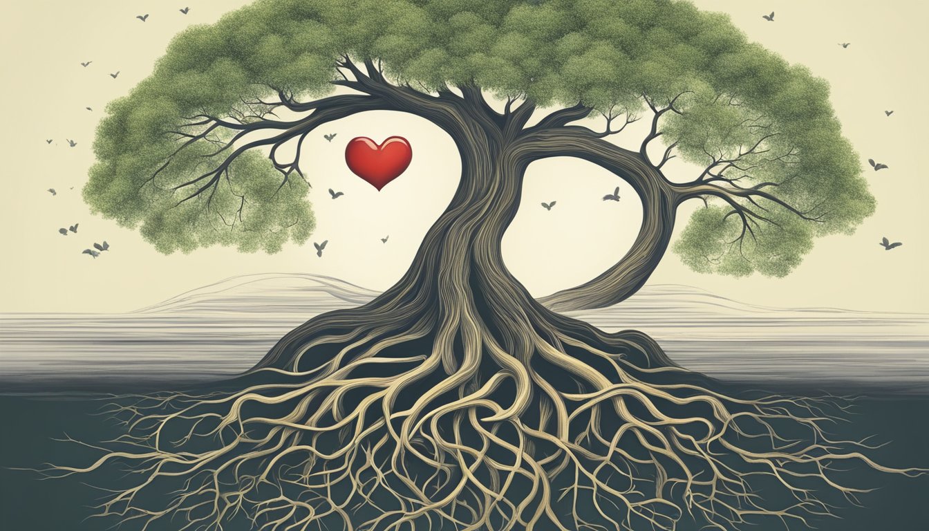A tree with roots intertwining with a heart, symbolizing the impact of personal connections on one's life