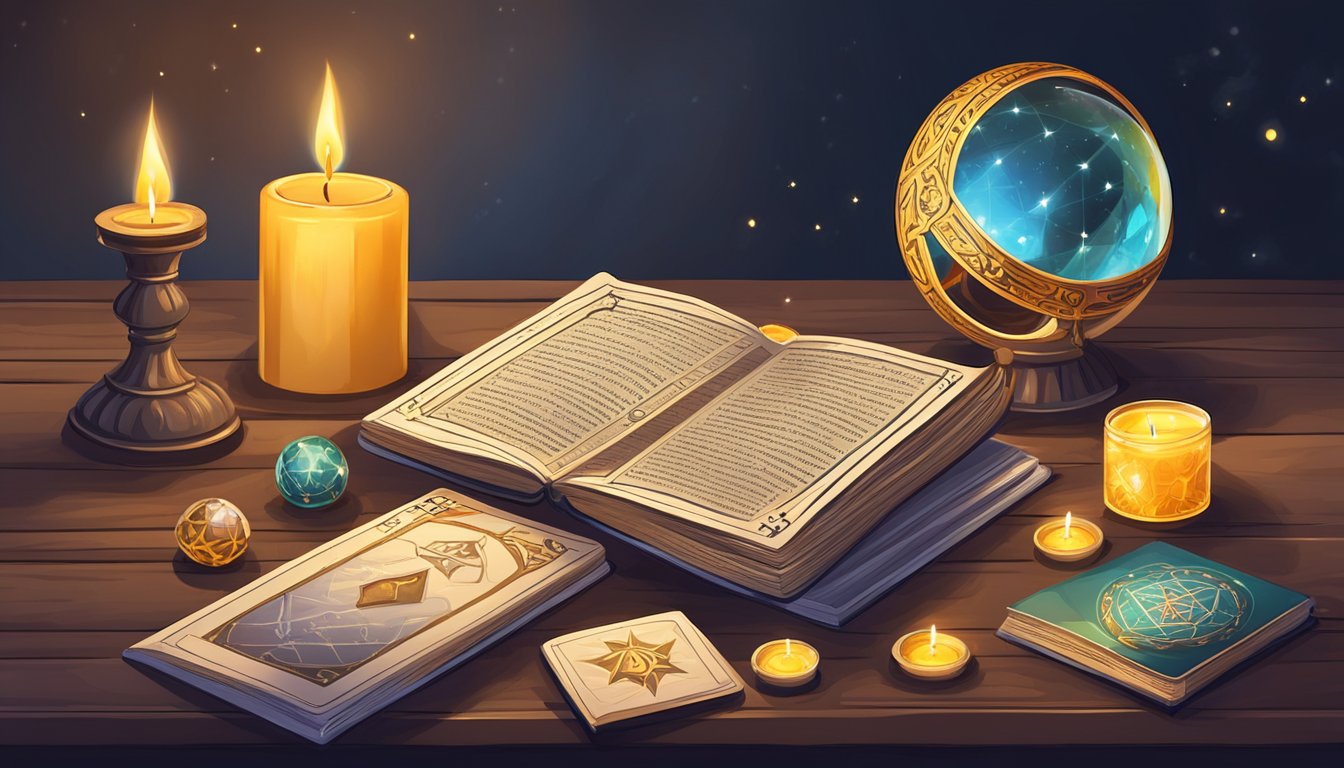 A table with a deck of tarot cards, a crystal ball, and a book on numerology.</p><p>A candle burns, casting a warm glow on the mystical objects
