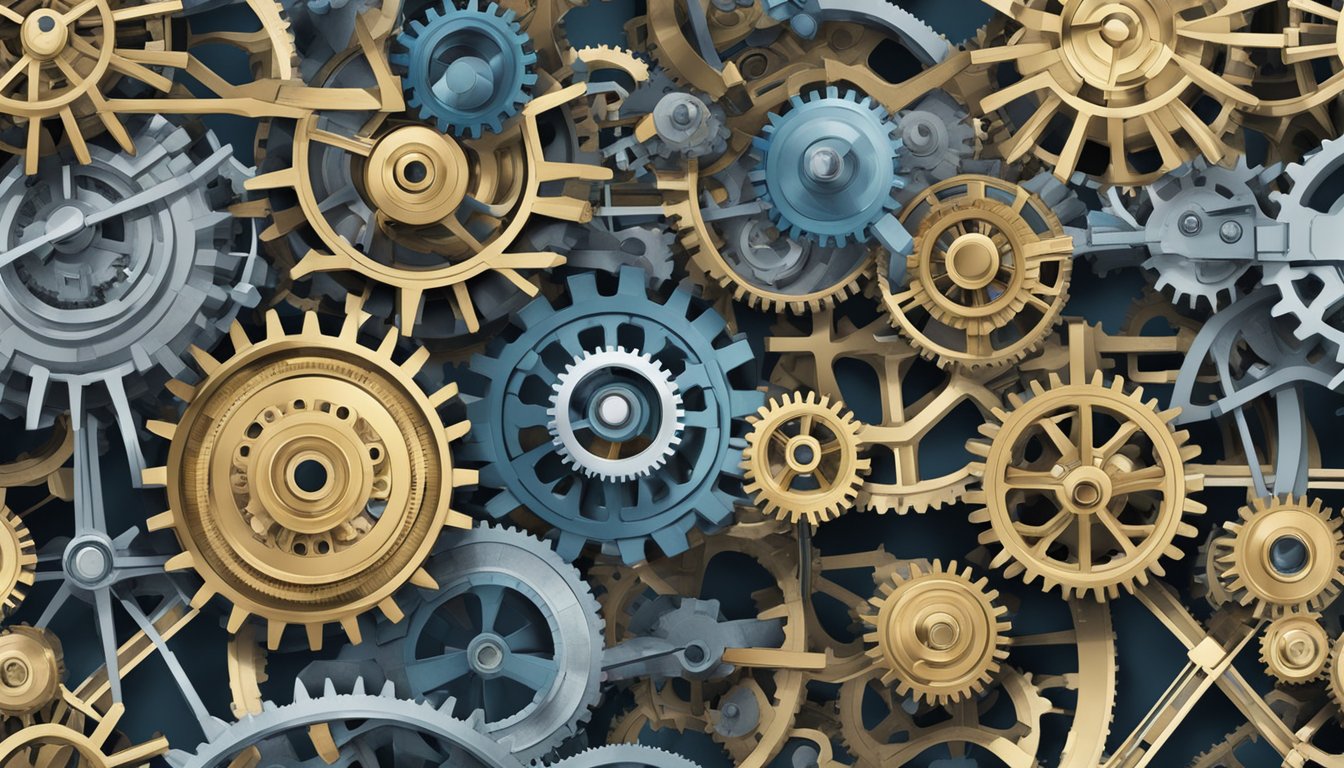 A complex network of gears and machinery, symbolizing advanced technology and innovation