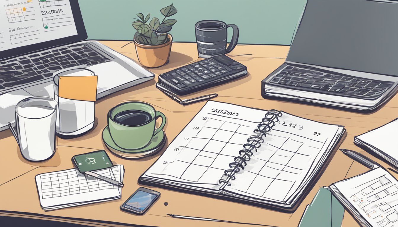 A cluttered desk with scattered papers, a half-empty coffee cup, and a calendar with multiple dates circled.</p><p>A smartphone with notifications and a to-do list are also visible