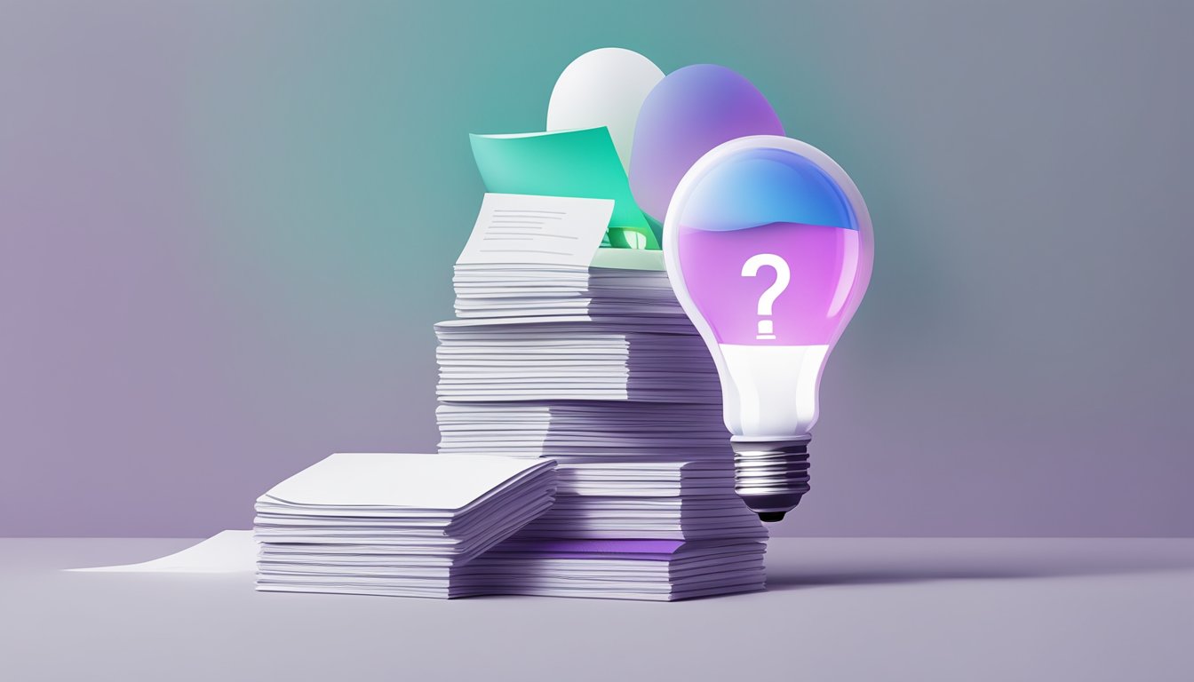 A stack of papers with "Frequently Asked Questions 20 Bedeutung" printed on top, surrounded by question marks and a lightbulb symbol