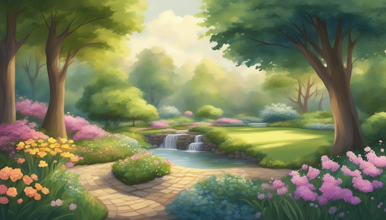 A serene garden with blooming flowers and winding paths, surrounded by tall trees and a gentle stream flowing through the landscape