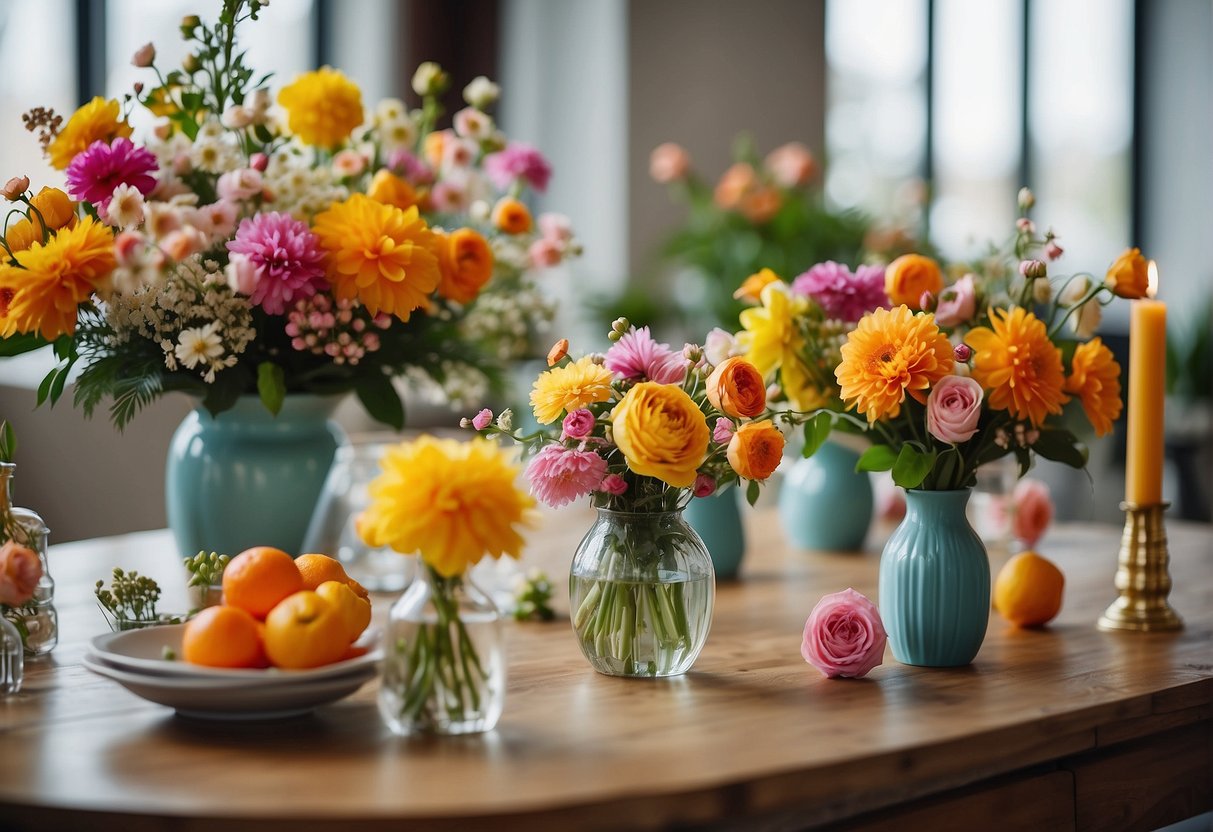 A table adorned with 30 vibrant spring floral arrangements in various vases and containers, showcasing a colorful array of blossoms and greenery