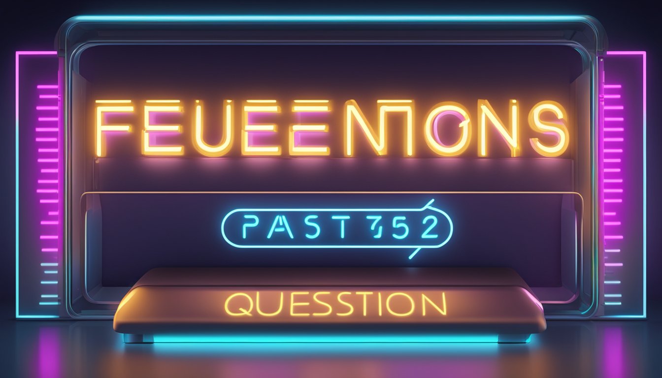 A futuristic display showing "Frequently Asked Questions 2277 Bedeutung" with glowing neon lights and a sleek, modern design