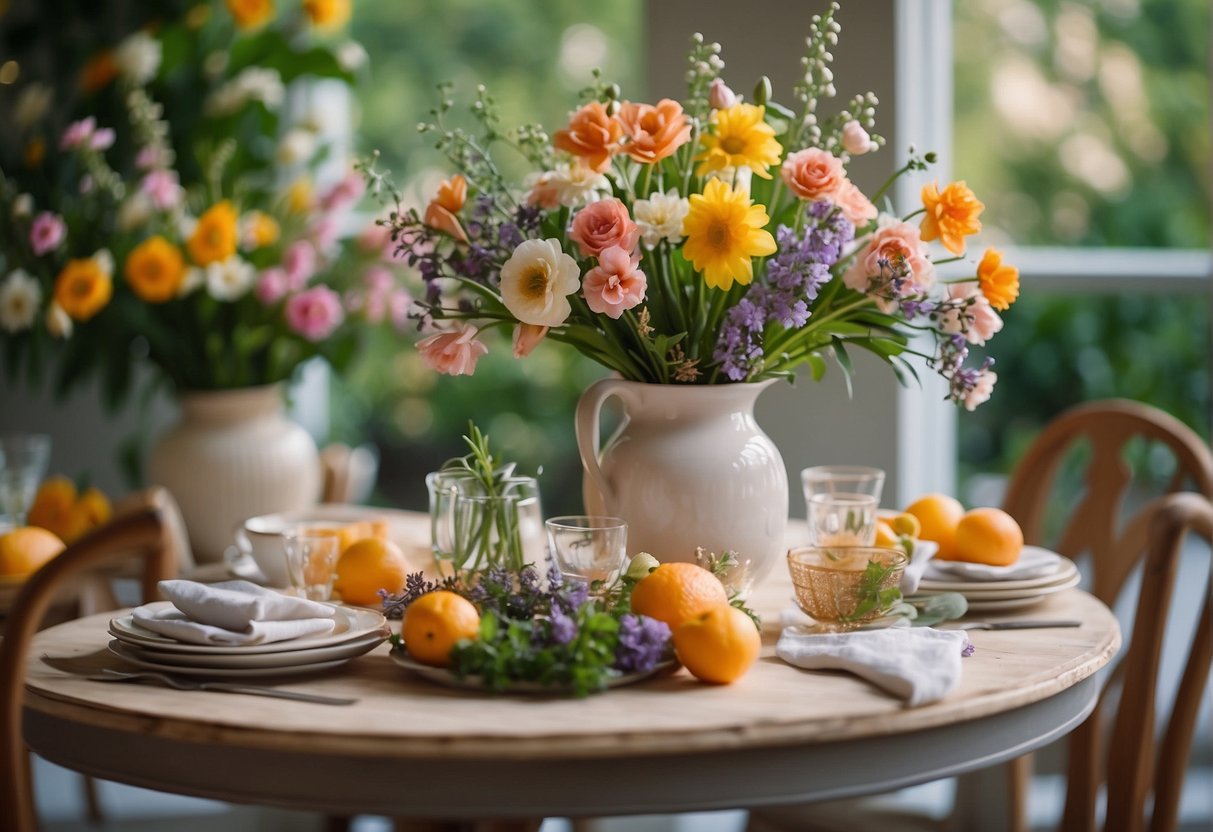 A table with various spring flowers, vases, and greenery arranged for a floral arrangement. Bright colors and different heights create a visually appealing display