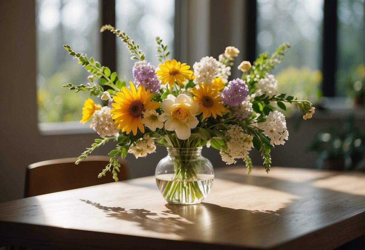A table with a vase filled with fresh spring flowers, surrounded by greenery and smaller blooms. Light streaming in through a nearby window highlights the colorful arrangement