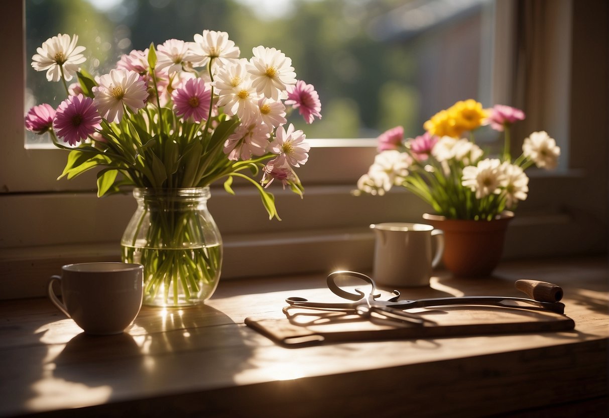 A table with a vase of fresh spring flowers, surrounded by gardening tools and a pair of scissors. Sunlight streams in through a nearby window, casting a warm glow on the arrangement