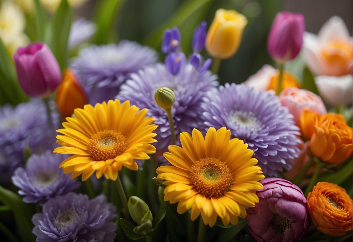 A variety of vibrant spring flowers arranged in themed floral arrangements. Bright colors and different textures create an eye-catching display