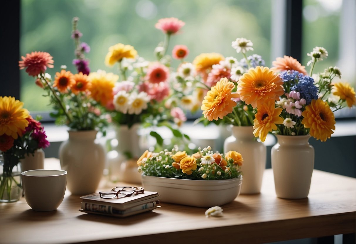 A table scattered with fresh flowers, vases, and floral arranging tools. Bright, colorful blooms arranged in various containers, creating a vibrant spring atmosphere