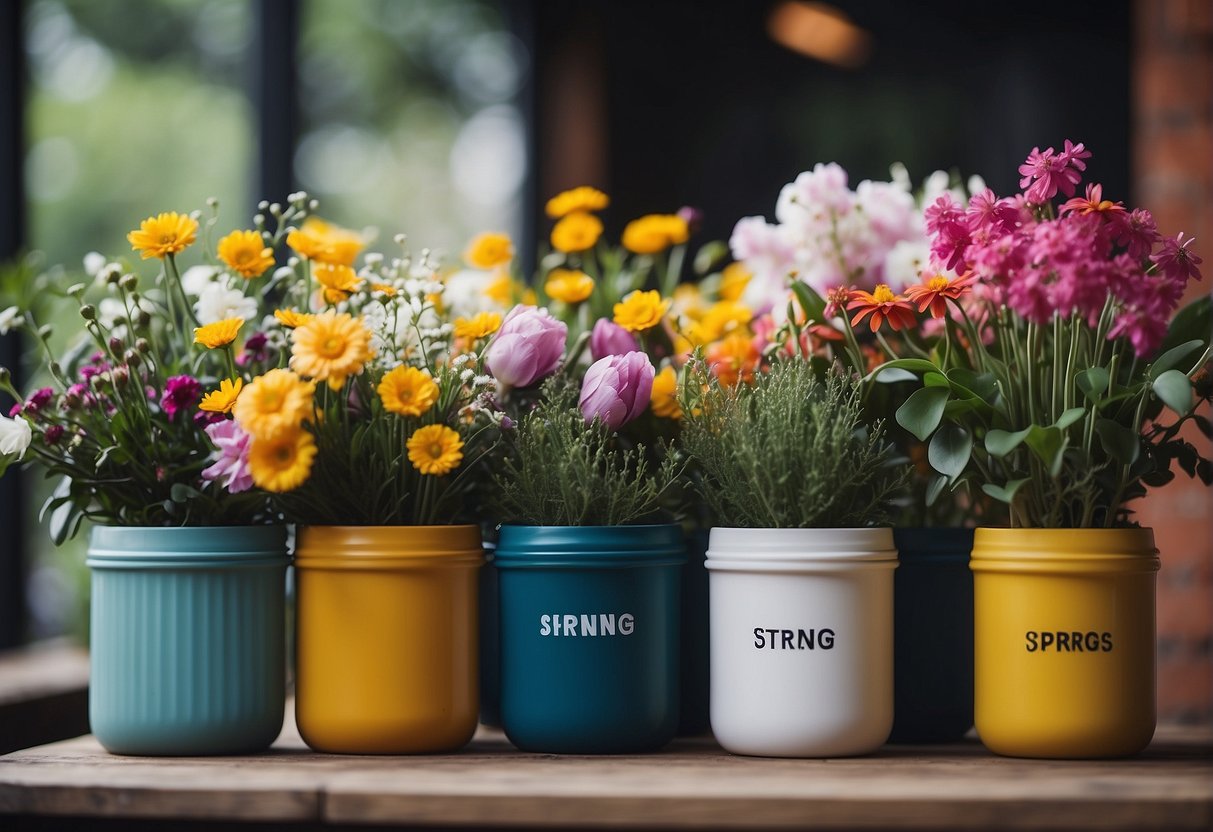 A variety of containers filled with vibrant spring flowers arranged in creative and innovative ways