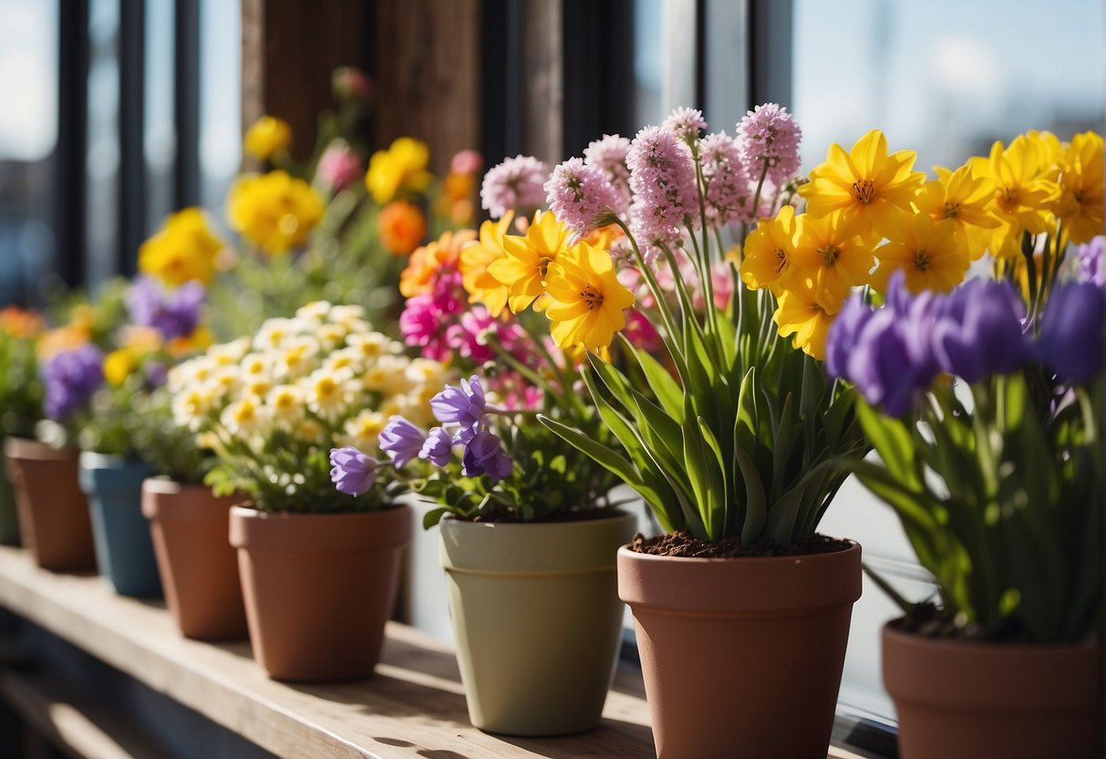 A vibrant assortment of spring flowers fills various spaces, from elegant vases on tabletops to hanging baskets and window boxes, creating a colorful and lively atmosphere