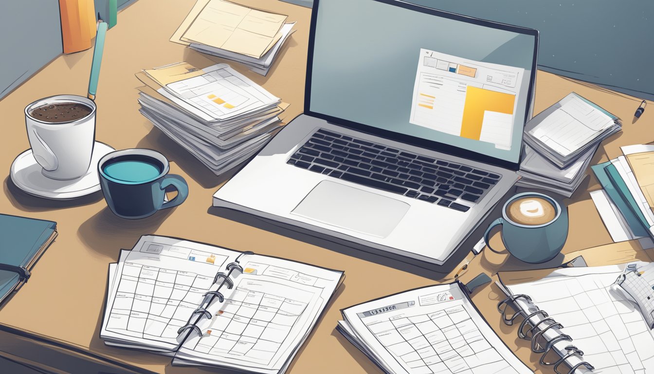 A cluttered desk with scattered papers, a computer, and a cup of coffee.</p><p>A calendar with marked dates and a to-do list