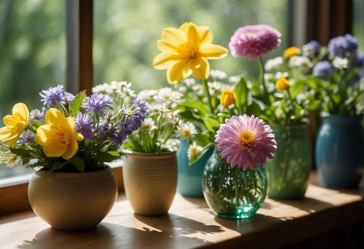 A colorful array of spring flowers displayed in various vases and containers, with a backdrop of green foliage and natural light streaming in through a window