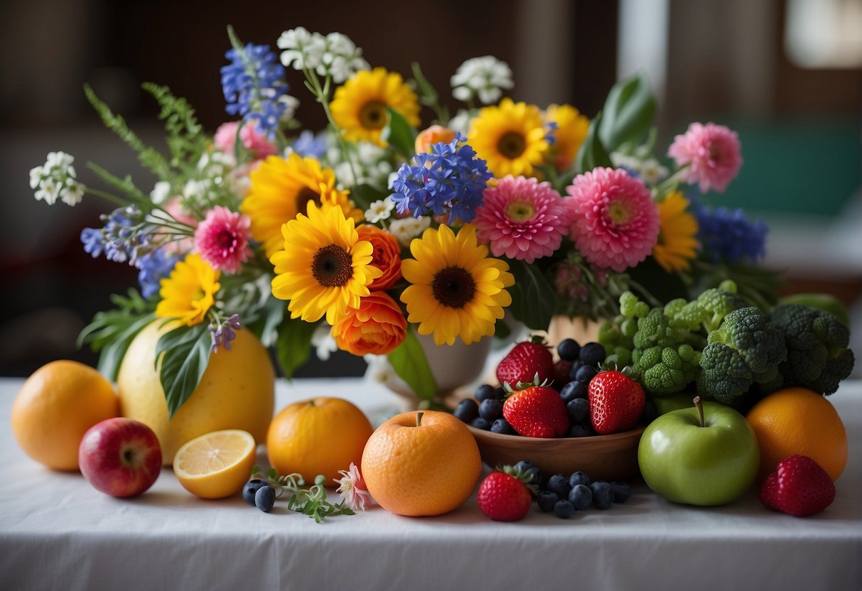 A table adorned with a vibrant array of fresh spring flowers intertwined with colorful edible fruits and vegetables, creating a stunning and unique floral arrangement