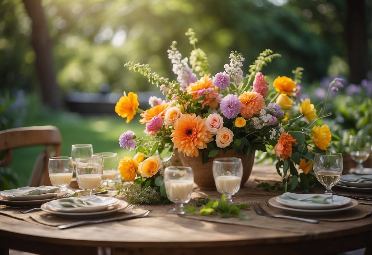 A table adorned with 30 vibrant spring floral arrangements, varying in size and color, set against a backdrop of lush greenery and blooming flowers