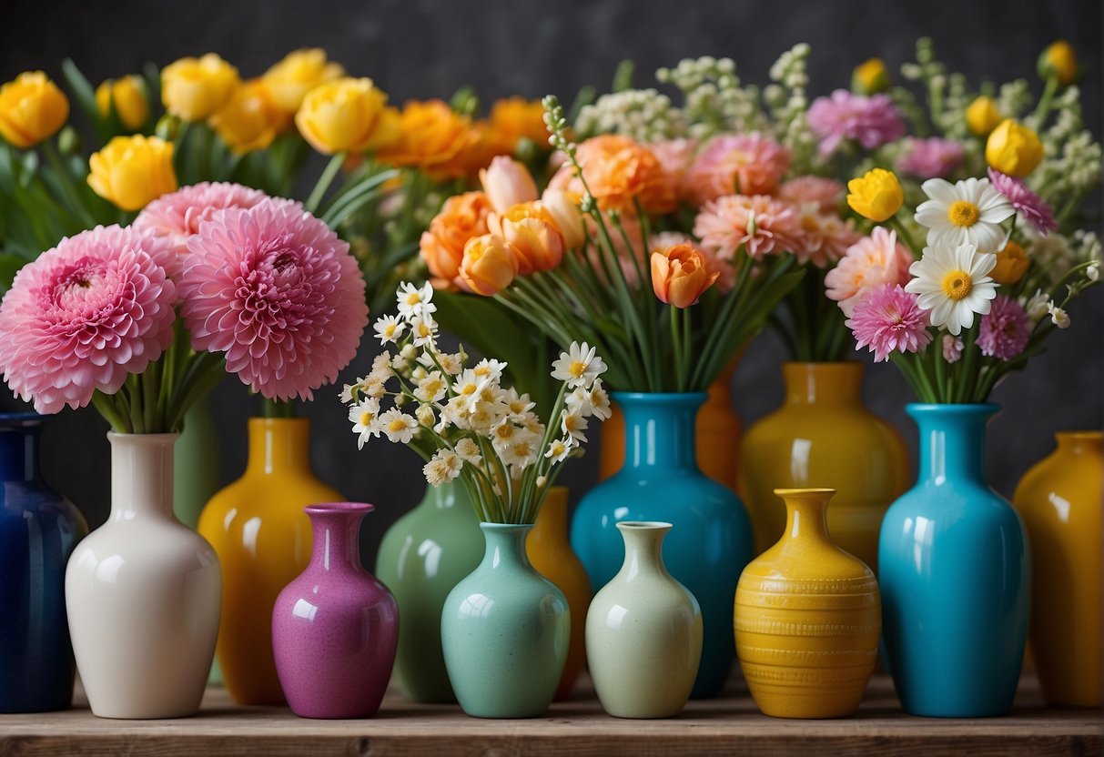 A vibrant array of spring flowers arranged in various vases and containers, showcasing a mix of colors, shapes, and sizes. The arrangements exude a sense of freshness and beauty, perfect for brightening any space