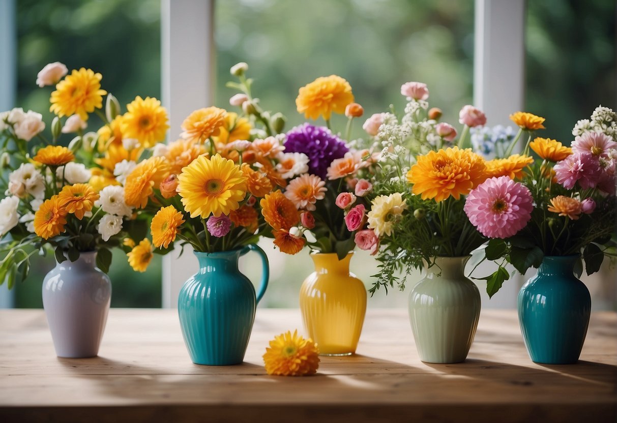 A table with 30 floral arrangements in vases. Each vase is labeled with allergy information and safety precautions. The arrangements are vibrant and filled with spring flowers