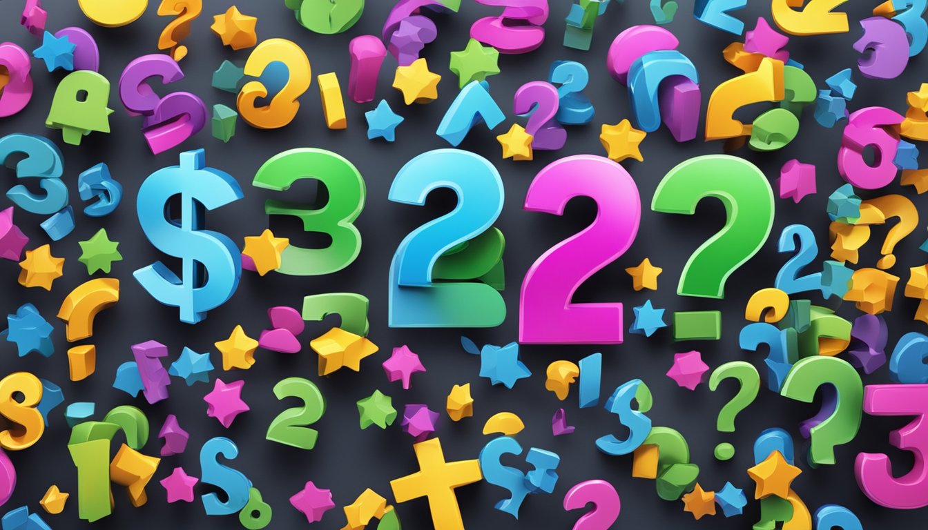 A colorful sign with "Frequently Asked Questions 312 Bedeutung" displayed prominently, surrounded by various question marks and symbols