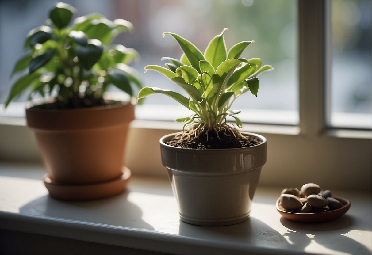 A potted plant sits on a windowsill, with a small bowl of sugar water placed nearby. The plant's leaves are wilting, while its roots appear dry and unhealthy