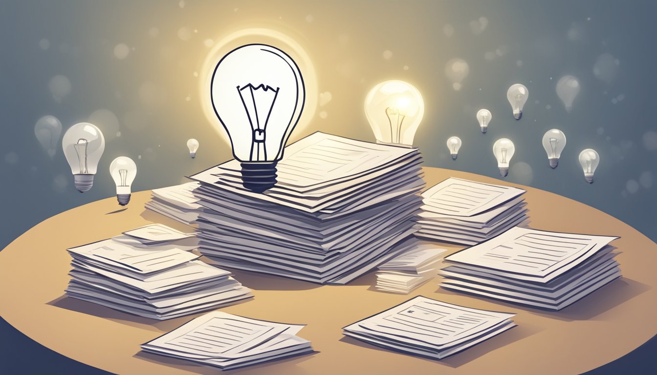 A stack of FAQ papers surrounded by question marks and a lightbulb, representing curiosity and seeking answers