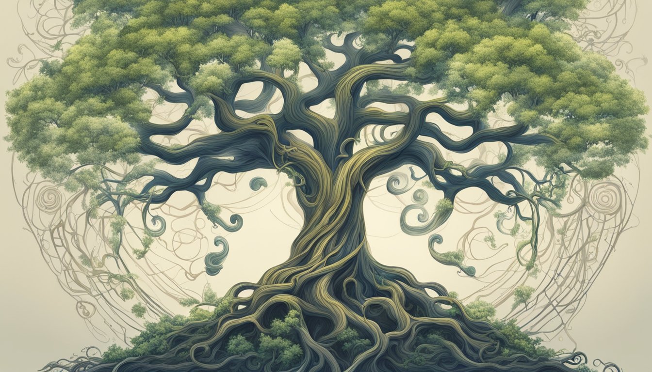 A tree with roots entwined around a key, surrounded by swirling symbols and interconnected lines, representing hidden meanings and connections