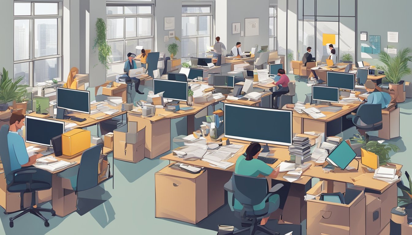 A busy office with people working at their desks, phones ringing, and papers scattered everywhere