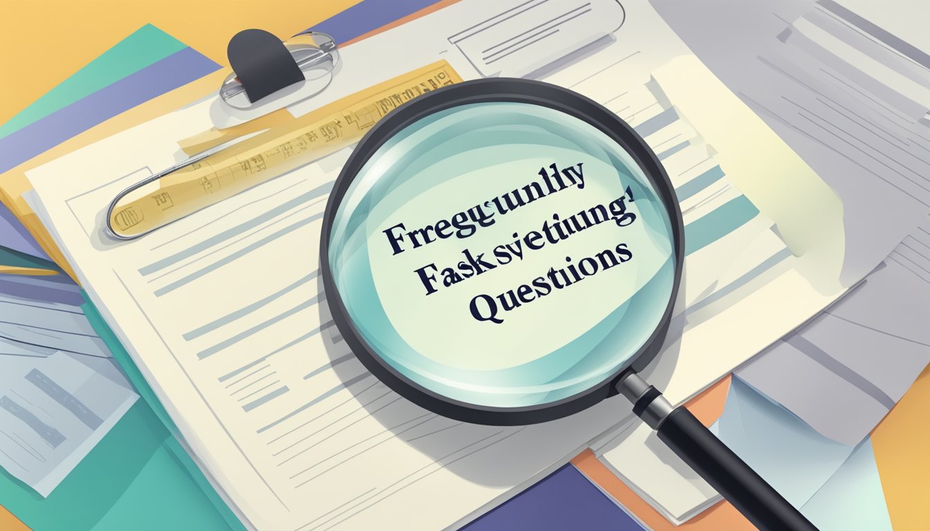 A stack of papers with "Frequently Asked Questions 45 Bedeutung" printed on top, surrounded by question marks and a magnifying glass