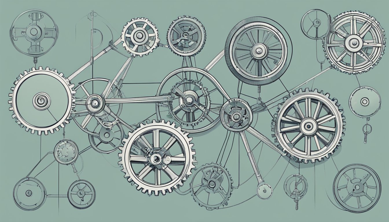 A network of interconnected gears and pulleys, demonstrating practical applications and relationships, symbolizing importance