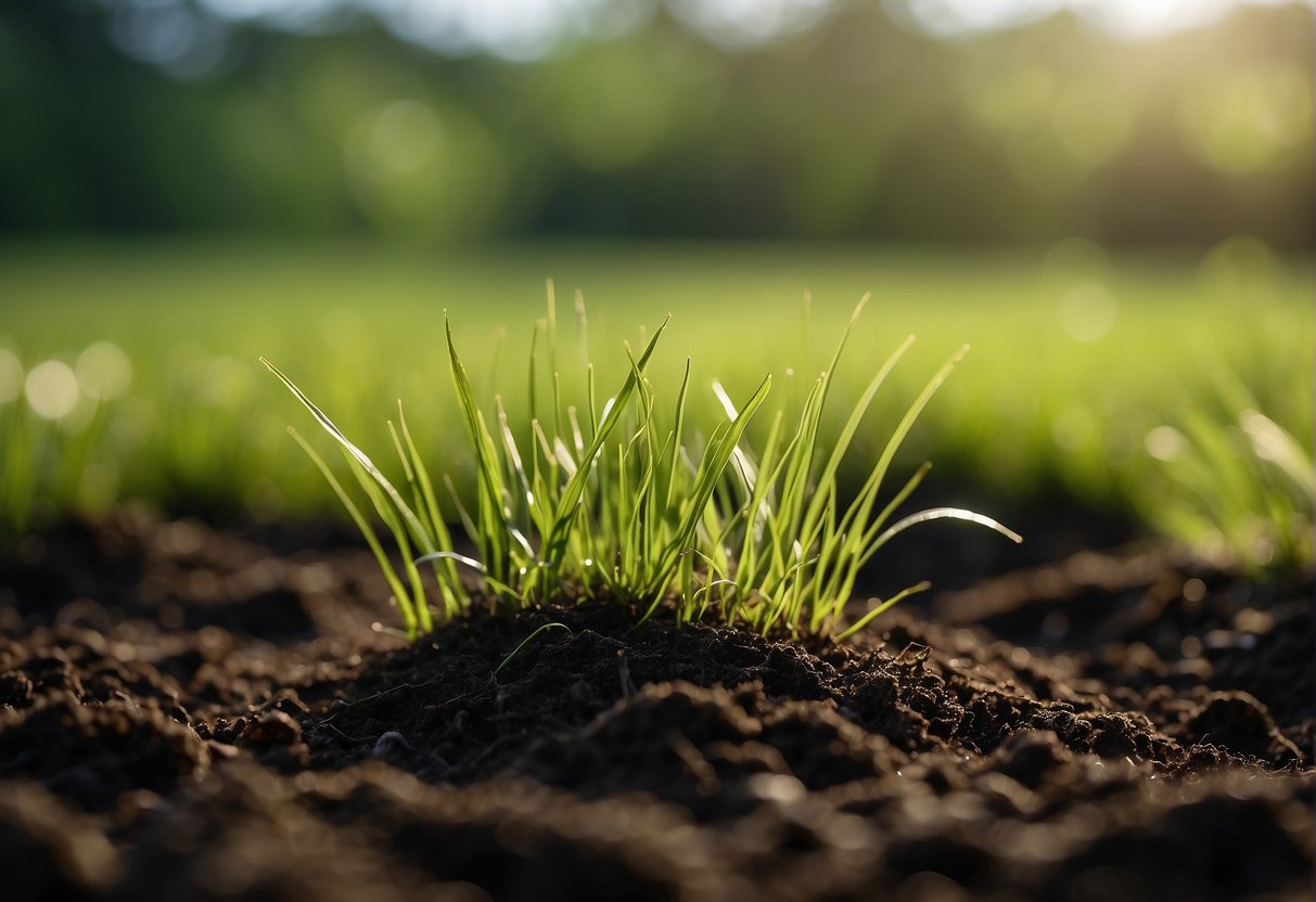 Lush green grass thrives in rich, dark peat moss. The soil is moist and fertile, promoting healthy growth and vibrant color